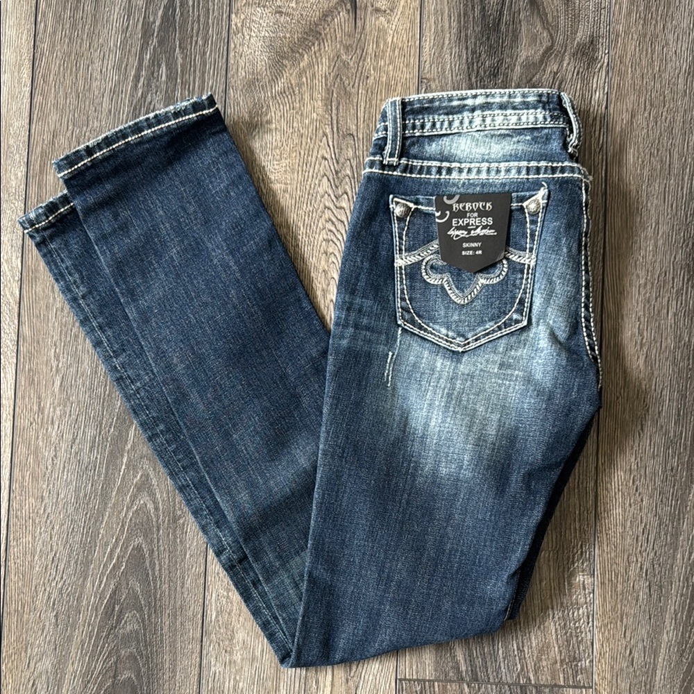 ReRock for Express Blue Skinny Cut Jeans with Fading and Distressing